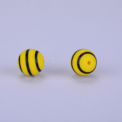 Printed Round with Stripe Pattern Silicone Focal Beads SI-JX0056A-140-1