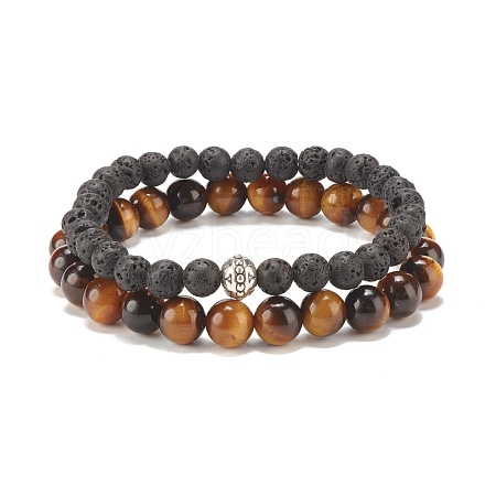 2Pcs 2 Style Natural Tiger Eye & Lava Rock Stretch Bracelets Set BJEW-JB08193-04-1