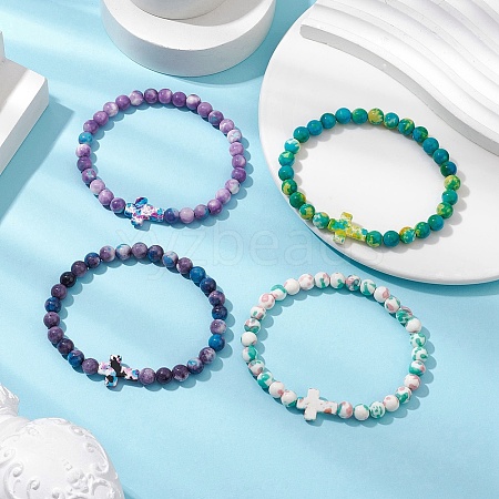 4Pcs Synthetic Ocean White Jade Beads Stretch Bracelets for Women Men BJEW-JB11300-1