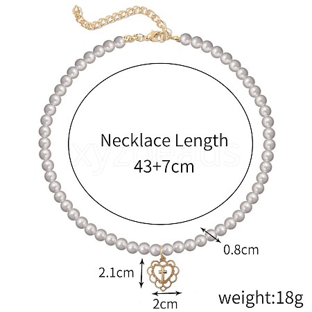 White Round Imitation Pearl Beaded Alloy Hollow Heart with Cross Pendant Necklaces for Women FS-WGA4DD0-10-1