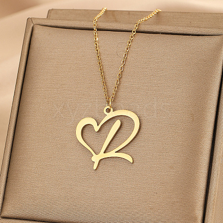 304 Stainless Steel Heart Initial Pendant Necklaces for Women Men FS-WG51A4F-12-1
