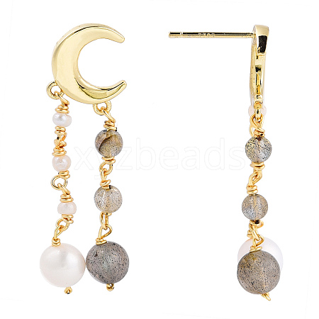 Natural Pearl & Sunstone Beaded Moon Tassel Dangle Stud Earrings EJEW-T019-02G-1