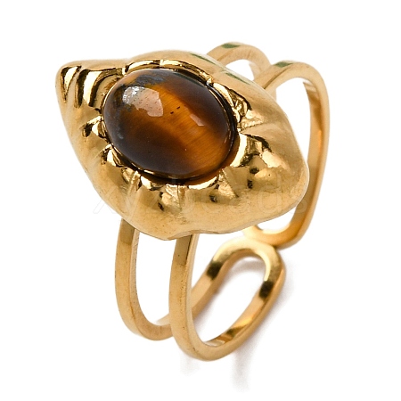 Oval Natural Tiger Eye Finger Rings RJEW-Q822-18G-01-1