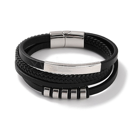 Men's Braided Black PU Leather Cord Multi-Strand Bracelets BJEW-K243-08P-1