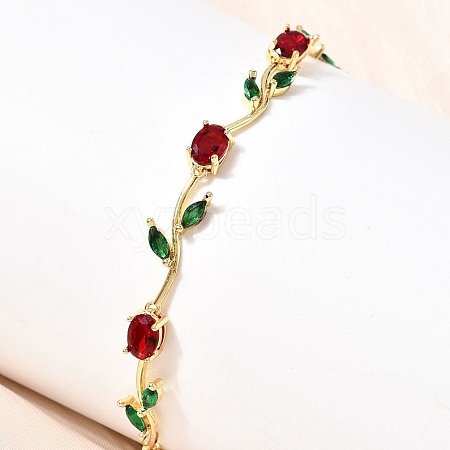 Leaf Brass Micro Pave Cubic Zirconia Link Chain Bracelets for Women BJEW-D455-01G-04-1