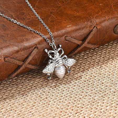 304 Stainless Steel & Plastic Pearl Bees Pendant Cable Chain Necklaces NJEW-U023-03P-1