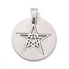 Flat Round with Star 201 Stainless Steel Pendants STAS-I032-146-1
