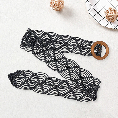 Cloth Woven Rhombus with Wood Chain Belts for Women AJEW-WH20019-125C-1