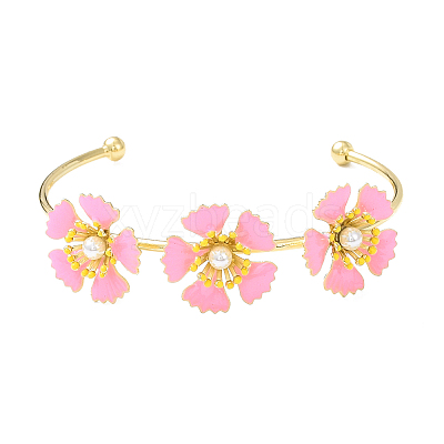 Alloy Flower with Imitation Pearl Beaded Open Cuff Bangle for Women BJEW-D054-02G-01-1