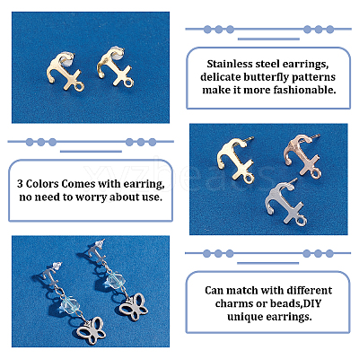 30Pcs 3 Colors 201 Stainless Steel Stud Earring Findings STAS-DC0010-24-1