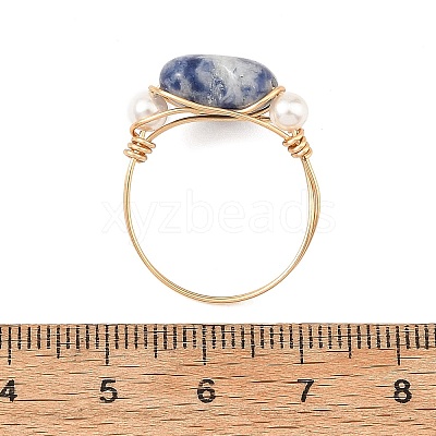 Gemstone & Shell Pearl Copper Wire Finger Rings for Women RJEW-JR01110-1