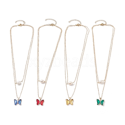4Pcs 4 Color Glass Butterfly & Natural Pearl Pendants Double Layer Necklaces Set with Clear Cubic Zirconia NJEW-TA00043-1