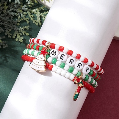 4Pcs 4 Styles Christmas 4mm Round Glass Seed Beaded Stretch Bracelet Sets BJEW-TA00500-1
