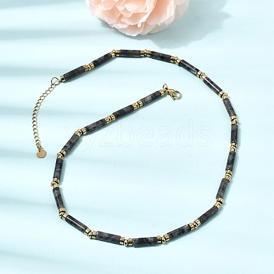 Natural Larvikite & Synthetic Non-magnetic Hematite Column Beaded Necklaces with 304 Stainless Steel End Chains NJEW-K301-01C-1