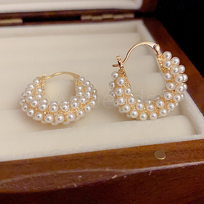 Flat Round Alloy Plastic Imitation Pearl Hoop Earrings FS-WG2046F-01-1
