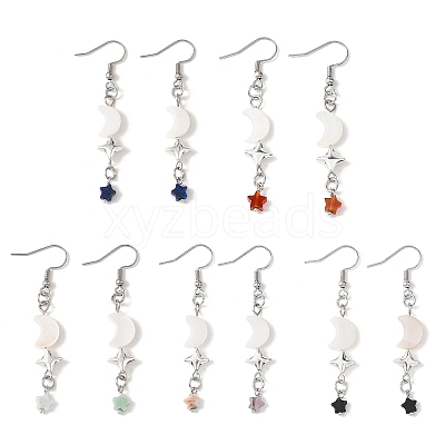 Star with Moon Natural Mixed Stone Dangle Earrings EJEW-JE06756-1