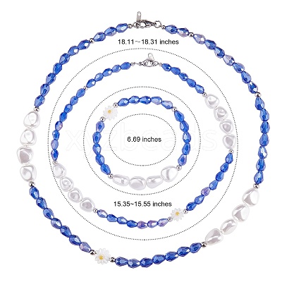 3Pcs Natural Shell & Plastic Pearl Flower & Glass Beaded Necklaces and Stretch Bracelet Set SJEW-SW00010-03-1