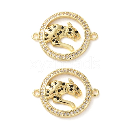 Rack Plating Brass Black Cubic Zirconia Flat Round with Leopard Connector Charms KK-C084-16G-1