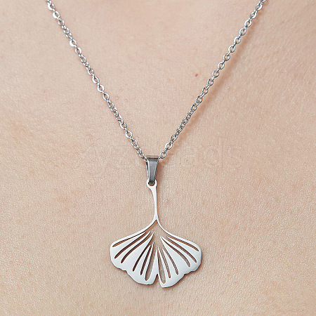 Non-Tarnish 201 Stainless Steel Hollow Ginkgo Leaf Pendant Necklace NJEW-OY001-64-1