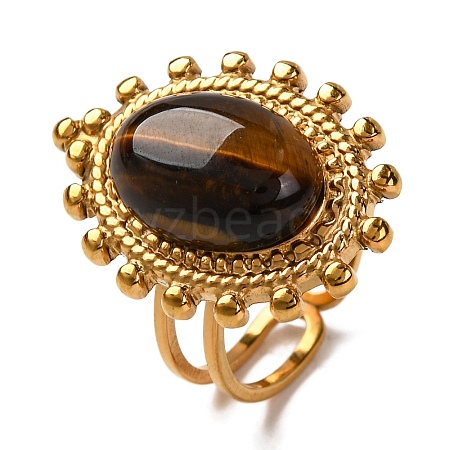 Oval Natural Tiger Eye Finger Rings RJEW-Q822-08G-1