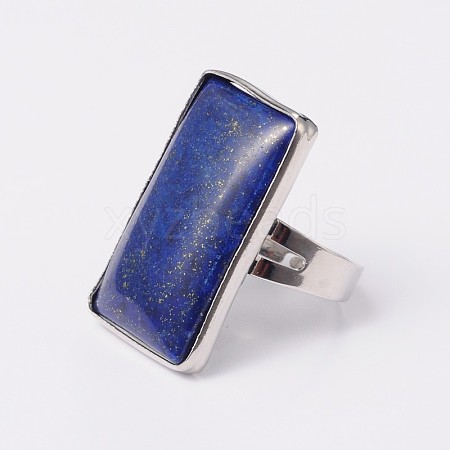 Adjustable Rectangle Dyed Lapis Lazuli Brass Rings RJEW-N024-01-1