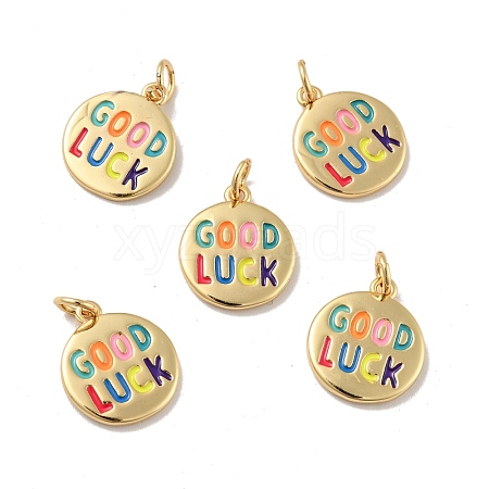 Flat Round with Word Good Luck Brass Enamel Pendants KK-G419-27G-1