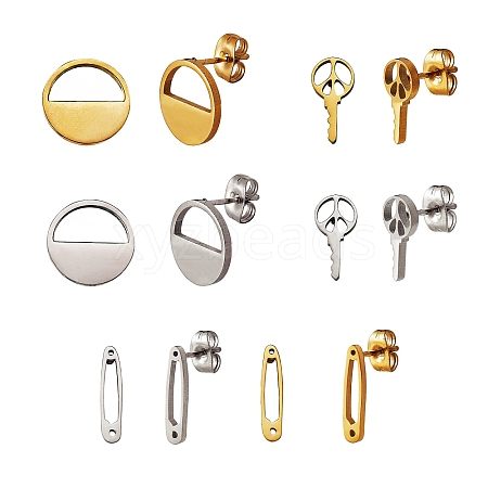 6Pairs 6 Style Half Round & Safety Pin & Key 304 Stainless Steel Stud Earrings for Women EJEW-SZ0001-64-1