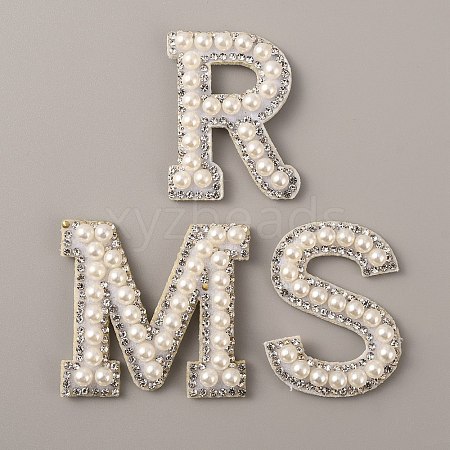 Letter.M/R/S Plastic Imitation Pearl Beaded Iron on Appliques for Wedding PATC-WH0005-03-1