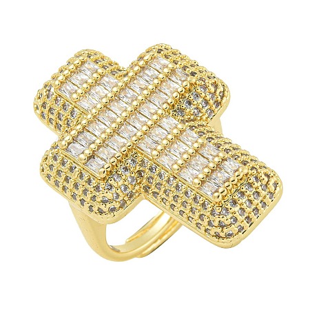 Cross Brass with Cubic Zirconia Open Cuff Rings RJEW-U011-09G-01-1