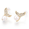 Brass Rhinestone Whale Tail & Natural Pearl Stud Earrings PEAR-N020-05I-3