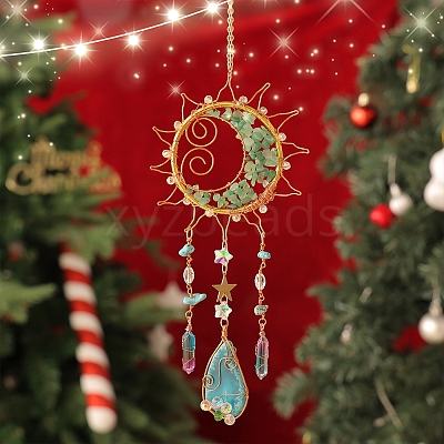 Wire Wrapped Natural Green Aventurine & Metal Sun with Moon Pendant Decorations PW-WG96896-01-1