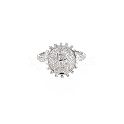 Non-Tarnish 304 Stainless Steel Flat Round with Initial Letter Open Cuff Ring for Men Women RJEW-S405-246P-P-1