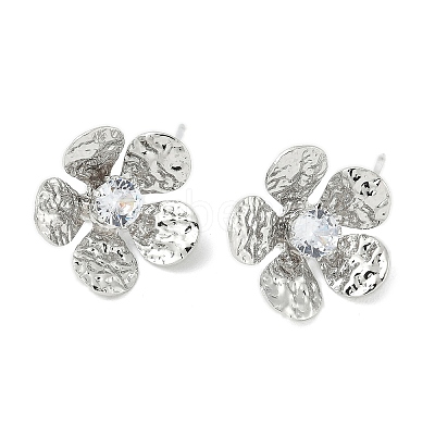 Flower Brass Micro Pave Cubic Zirconia Stud Earring Findings KK-M326-08P-1