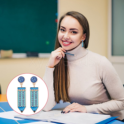 4 Pairs 4 Colors Alloy Enamel Pencil Dangle Stud Earrings for Teachers' Day EJEW-AN0004-86-1