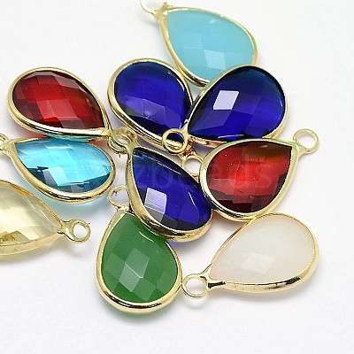 Golden Tone Brass Glass Teardrop Pendants GLAA-J017A-G-1