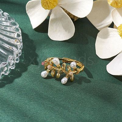 Leaf Natural Pearl & Natural Tourmaline Adjustable Rings RJEW-P113-16G-1