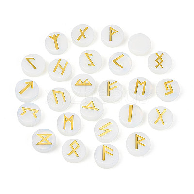 Brass Elder Futhark Alphabet Engraved Symbol Flat Round Opalite Rune Stones G-I373-01O-1