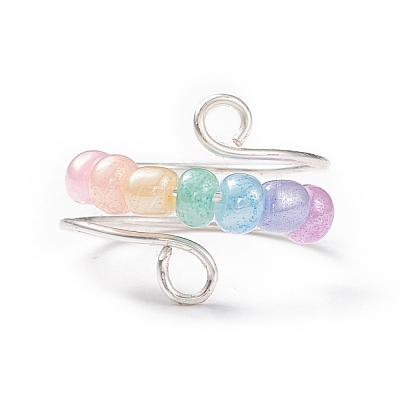 Glass Seed Rotating Beaded Cuff Ring RJEW-JR00511-05-1