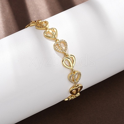 Brass Micro Pave Clear Cubic Zirconia Heart Link Chain Bracelets for Women BJEW-F530-07G-1