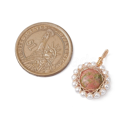 Copper Wire Wrapped Natural Black Agate/Green Aventurine/Rose Quartz/Unakite/Carnelian Pendants PALLOY-JF02891-1