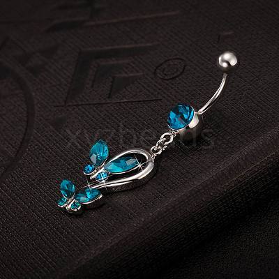 Piercing Jewelry Real Platinum Plated Brass Rhinestone Double Butterfly Navel Ring Belly Rings AJEW-EE0001-41B-1