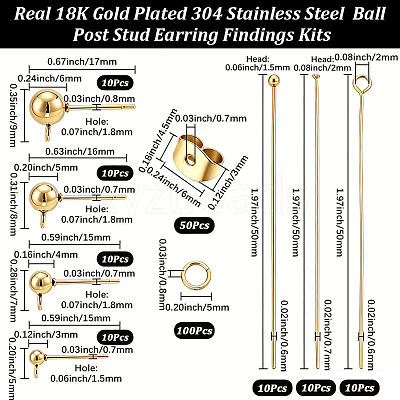 304 Stainless Steel Ball Post Stud Earring Findings & Flat Head Pins & Ball Head Pins & Eye Pin & Jump Rings STAS-BBC0010-38G-1
