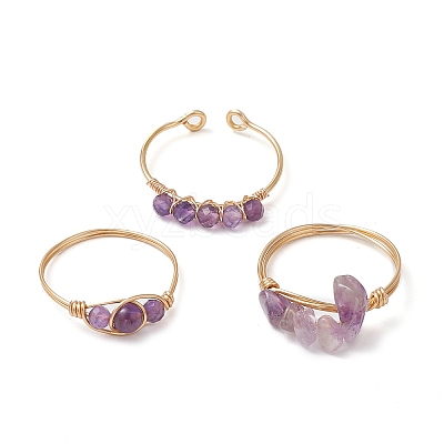 3Pcs Natural Amethyst Bead Finger Ring RJEW-JR00855-02-1
