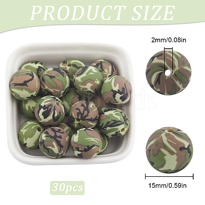 30pcs Round with Camouflage Pattern Silicone Focal Beads SIL-SC0002-03A-1
