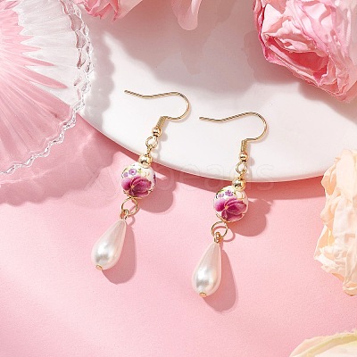 Round with Flower Pattern Porcelain Ceramic Dangle Earrings EJEW-JE06347-04-1