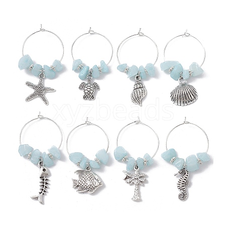 8Pcs Sea Animal Alloy Pendants Wine Glass Charms Sets AJEW-JO00219-1