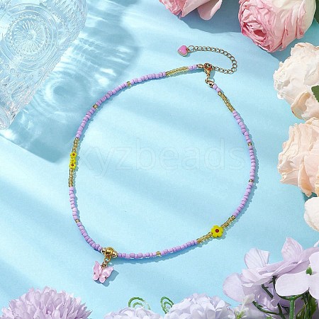 Glass Seed Beads & Flower Handmade Lampwork Beaded Necklaces NJEW-MZ00065-04-1