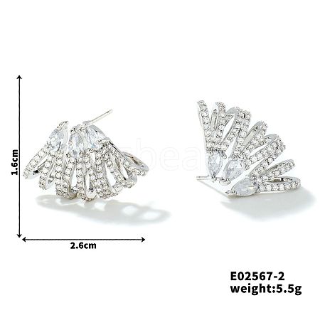 Geometric Copper Fan-shaped Luxury Zircon Stud Earrings QJ0345-2-1