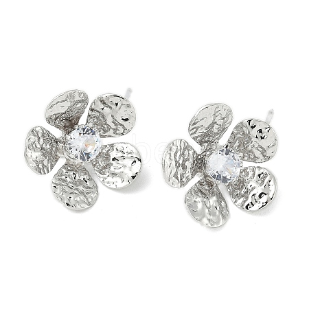 Flower Brass Micro Pave Cubic Zirconia Stud Earring Findings KK-M326-08P-1