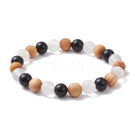 Natural Wood & Selenite & Eyeless Obsidian Beaded Stretch Bracelets BJEW-JB10115-02-1